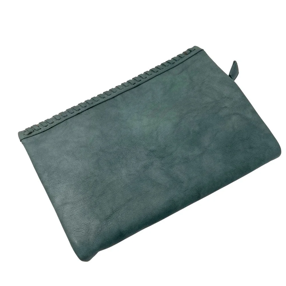 Moda Luxe Teal Foldover Clutch Crossbody Bag PU Leather Braided Trim‎